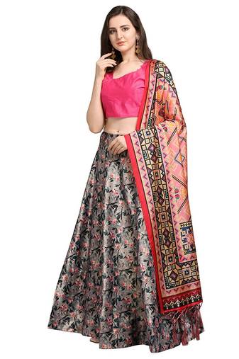 Grey Semi-Stitched Lehenga Choli Set With Dupatta