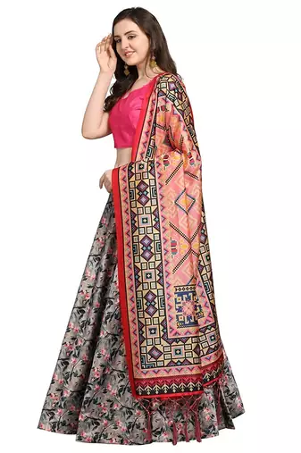 Grey Semi-Stitched Lehenga Choli Set With Dupatta