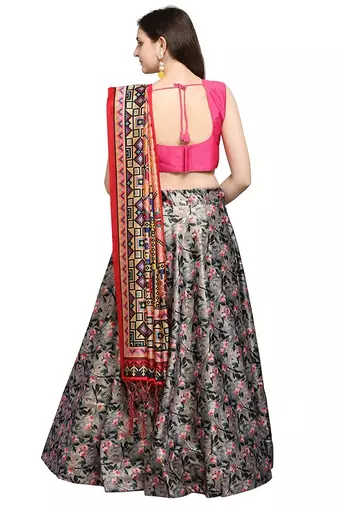 Grey Semi-Stitched Lehenga Choli Set With Dupatta