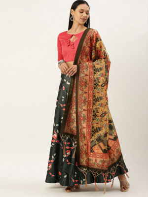 Dark Green Satin Silk Lehenga Choli Set With Dupatta 1