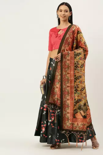Dark Green Satin Silk Lehenga Choli Set With Dupatta