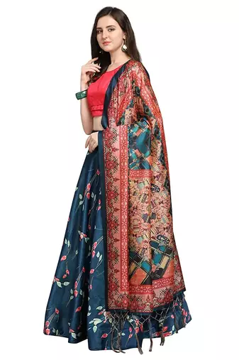 Blue Satin Silk Lehenga Choli Set With Dupatta