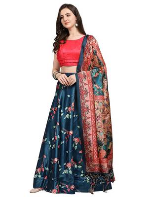 Blue Satin Silk Lehenga Choli Set With Dupatta 1