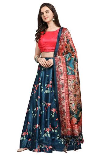 Blue Satin Silk Lehenga Choli Set With Dupatta