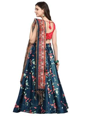 Blue Satin Silk Lehenga Choli Set With Dupatta 3