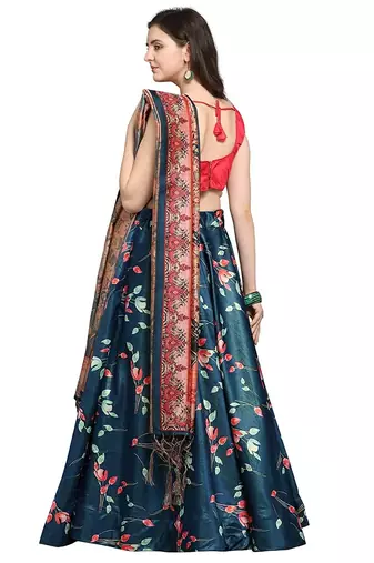 Blue Satin Silk Lehenga Choli Set With Dupatta