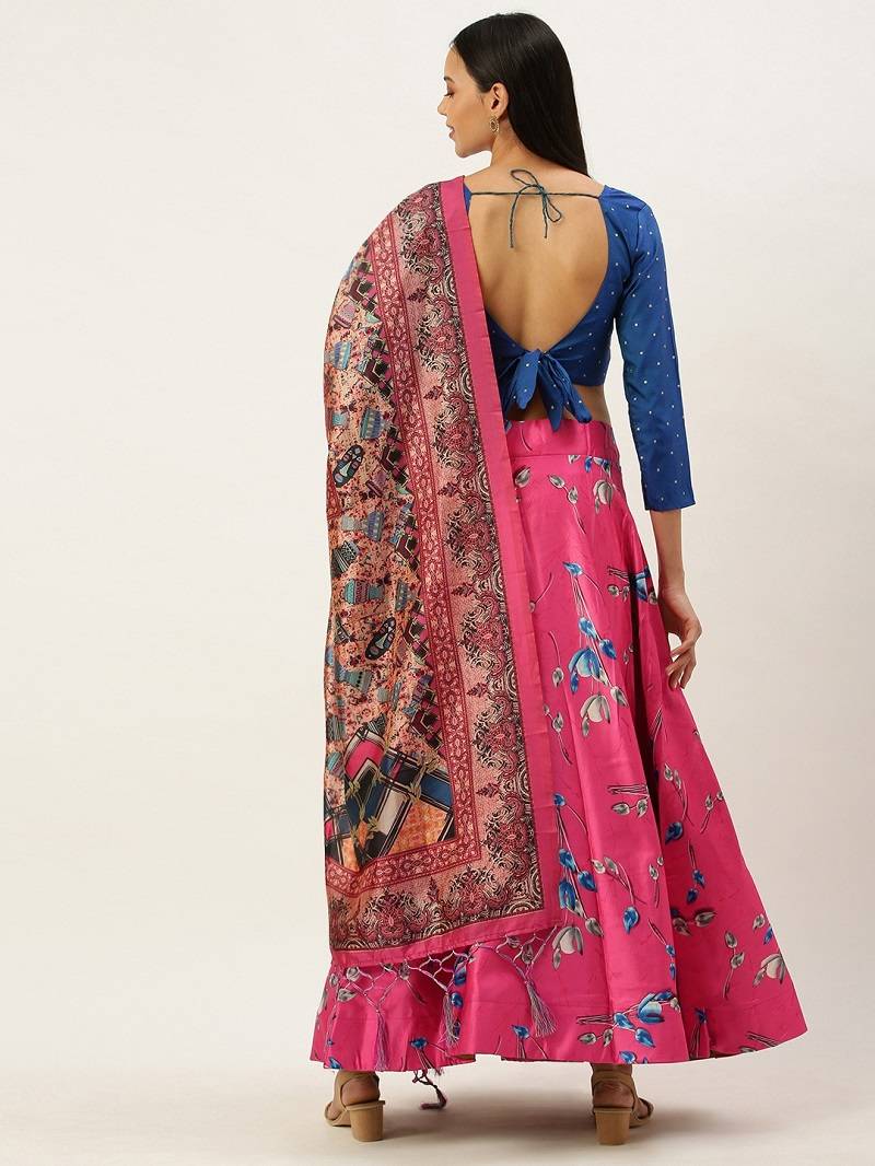 Pink Satin Silk Lehenga Choli Set With Dupatta