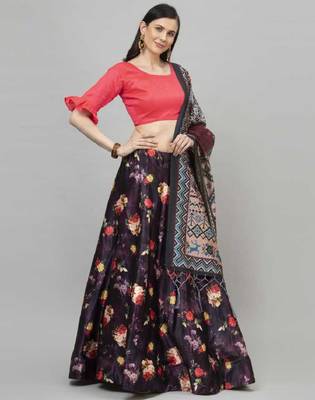 Black Satin Silk Lehenga Choli Set With Dupatta 2