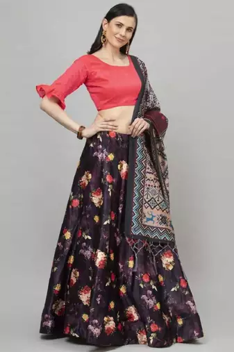 Black Satin Silk Lehenga Choli Set With Dupatta