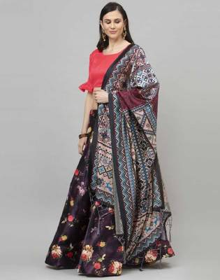 Black Satin Silk Lehenga Choli Set With Dupatta 3