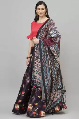 Black Satin Silk Lehenga Choli Set With Dupatta