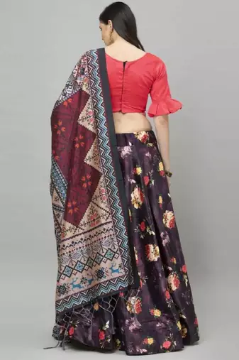 Black Satin Silk Lehenga Choli Set With Dupatta