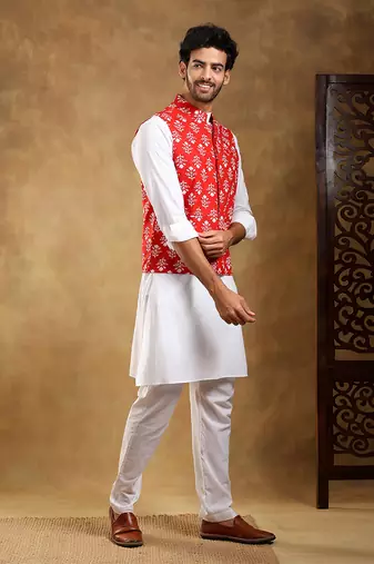 Sadabahar surukh cotton hand block bandi set