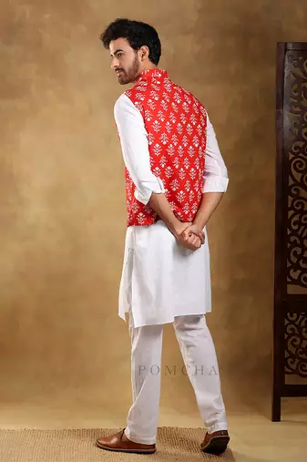 Sadabahar surukh cotton hand block bandi set