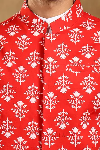 Sadabahar surukh cotton hand block bandi set
