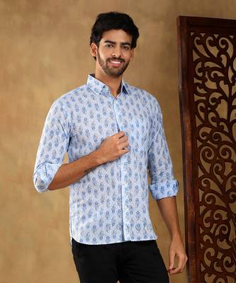 Sagar blue cotton hand block shirt 1