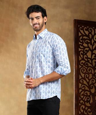 Sagar blue cotton hand block shirt 2
