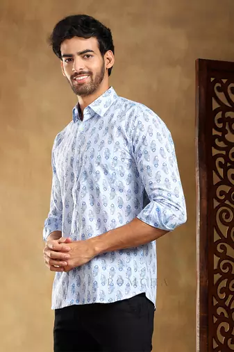 Sagar blue cotton hand block shirt
