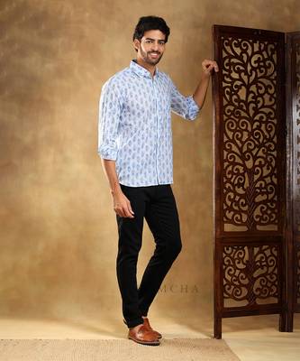 Sagar blue cotton hand block shirt 3