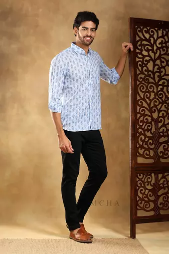 Sagar blue cotton hand block shirt