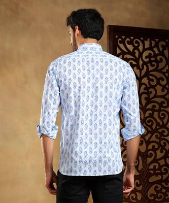 Sagar blue cotton hand block shirt 5