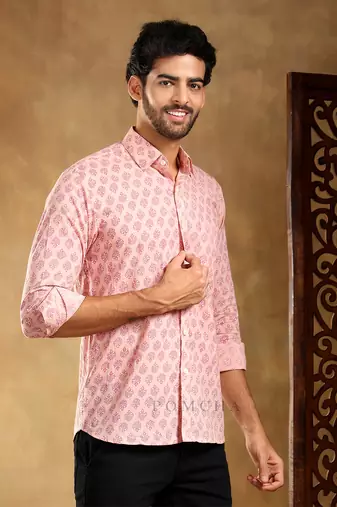 Shubh gulabi cotton hand block shirt