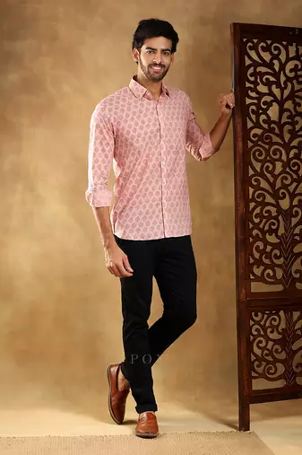Shubh gulabi cotton hand block shirt