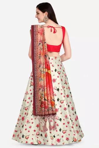 White Satin Silk Lehenga Choli Set With Dupatta