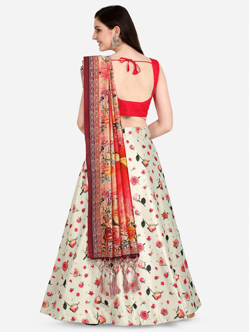 White Satin Silk Lehenga Choli Set With Dupatta