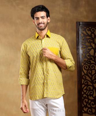 Mohey yellow cotton hand block shirt 1