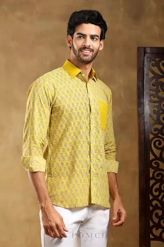 Mohey yellow cotton hand block shirt