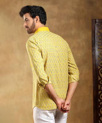 Mohey yellow cotton hand block shirt 3