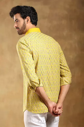 Mohey yellow cotton hand block shirt