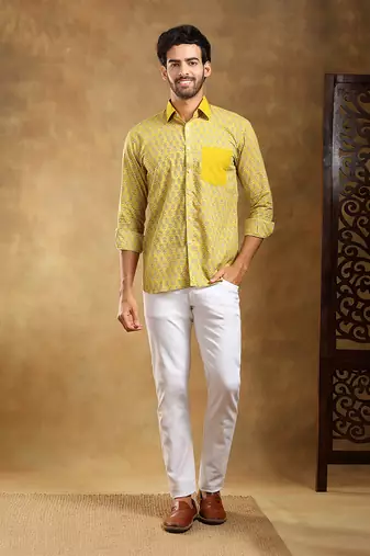 Mohey yellow cotton hand block shirt