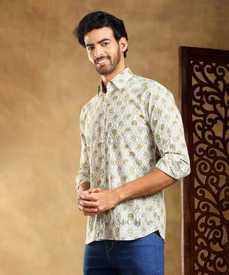 Mehendi green paisley cotton hand block shirt 1
