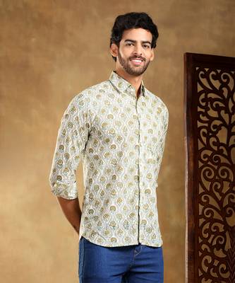 Mehendi green paisley cotton hand block shirt 2