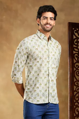 Mehendi green paisley cotton hand block shirt