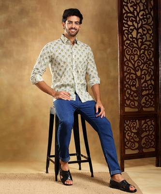 Mehendi green paisley cotton hand block shirt 4