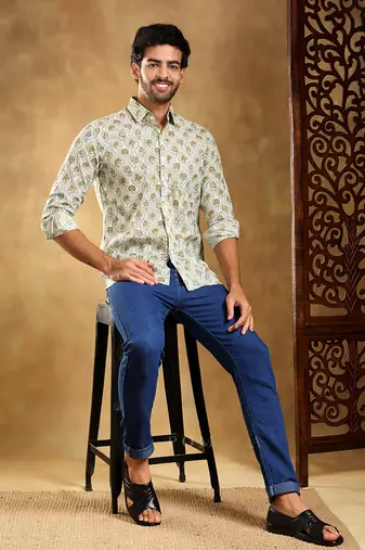 Mehendi green paisley cotton hand block shirt