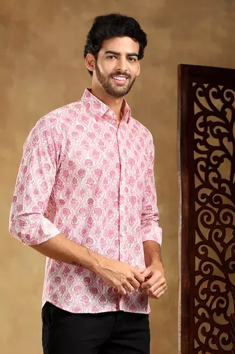 Gulabi phool cotton hand block shirt