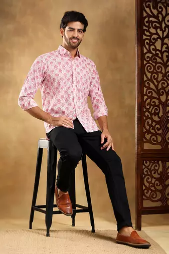 Gulabi phool cotton hand block shirt