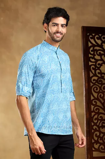 Amber blue cotton hand block shirt