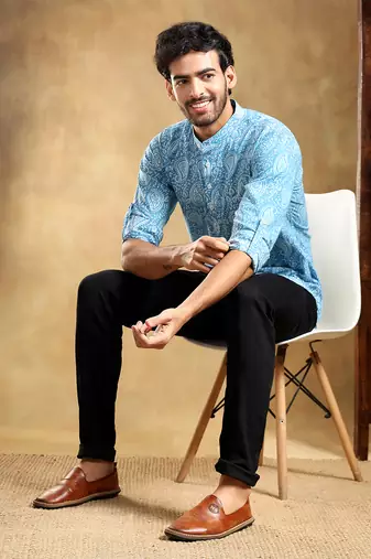 Amber blue cotton hand block shirt