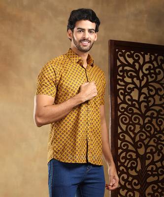 Darpan mustard cotton hand block shirt 2