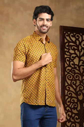 Darpan mustard cotton hand block shirt