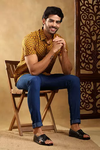 Darpan mustard cotton hand block shirt