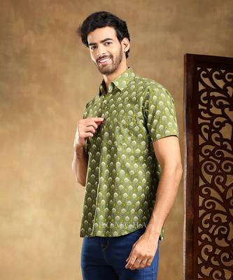 Hasrat green cotton hand block shirt 1