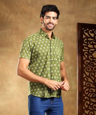 Hasrat green cotton hand block shirt 2