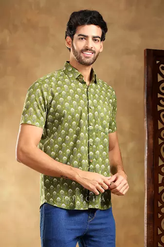 Hasrat green cotton hand block shirt