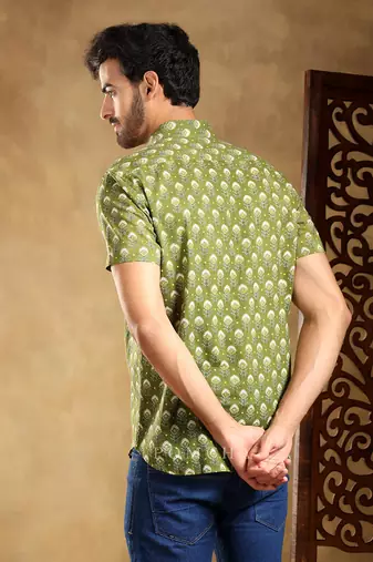 Hasrat green cotton hand block shirt